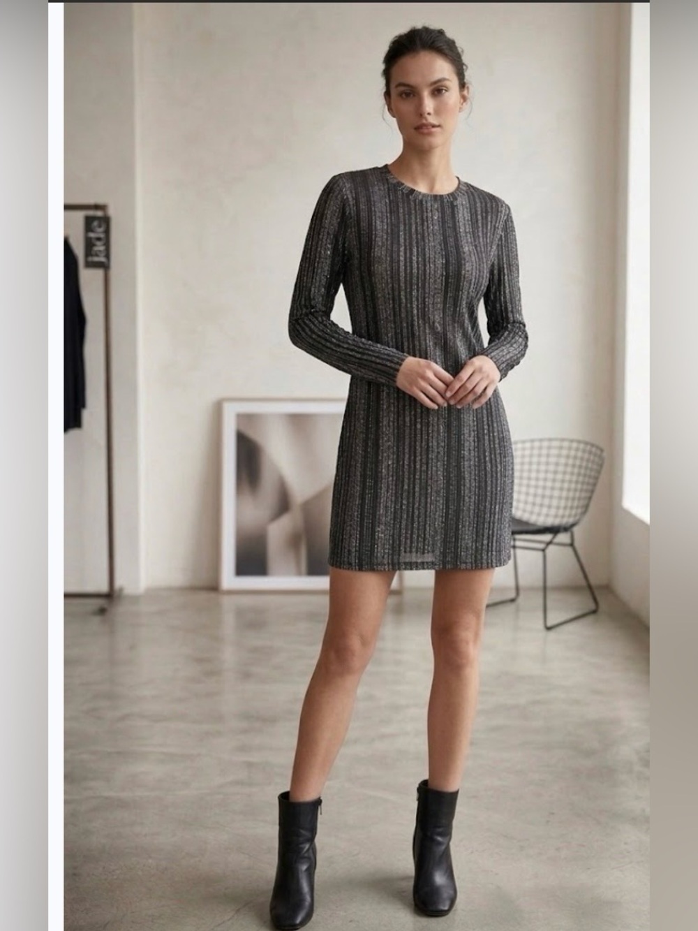 Jade Metallic Long-Sleeve Stripe Mini Dress in Charcoal size M